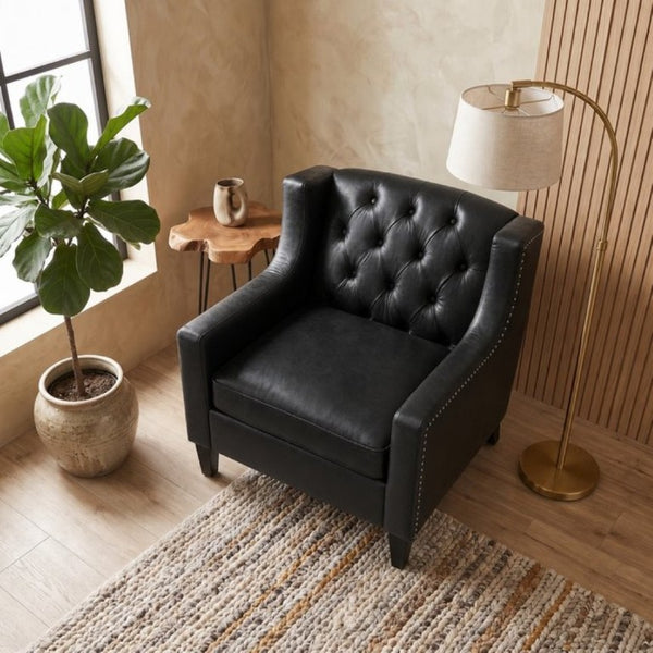 English Elm Dark Faux Leather Wingback Accent Chair Tufted Nailhead Trim Mid-Century Wood Legs Black W680P526341