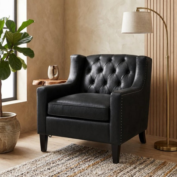 English Elm Dark Faux Leather Wingback Accent Chair Tufted Nailhead Trim Mid-Century Wood Legs Black W680P526341