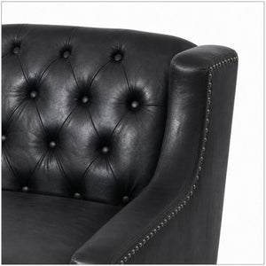 English Elm Dark Faux Leather Wingback Accent Chair Tufted Nailhead Trim Mid-Century Wood Legs Black W680P526341