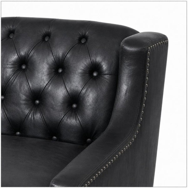 English Elm Dark Faux Leather Wingback Accent Chair Tufted Nailhead Trim Mid-Century Wood Legs Black W680P526341