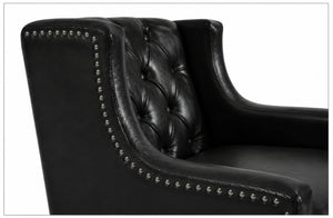 English Elm Dark Faux Leather Wingback Accent Chair Tufted Nailhead Trim Mid-Century Wood Legs Black W680P526341