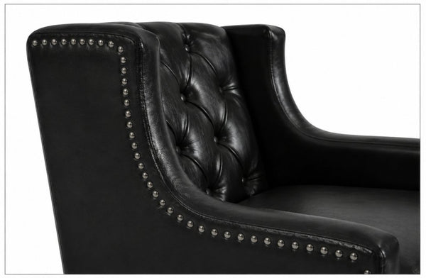 English Elm Dark Faux Leather Wingback Accent Chair Tufted Nailhead Trim Mid-Century Wood Legs Black W680P526341