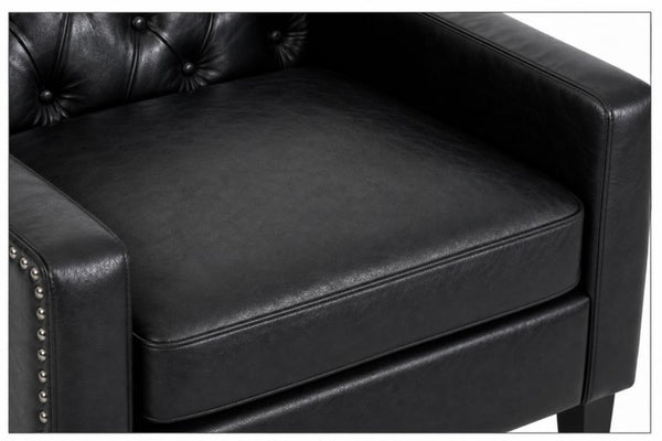 English Elm Dark Faux Leather Wingback Accent Chair Tufted Nailhead Trim Mid-Century Wood Legs Black W680P526341