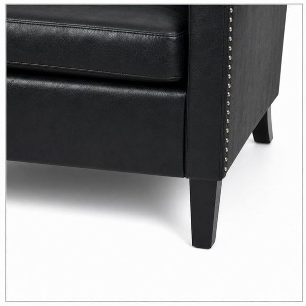 English Elm Dark Faux Leather Wingback Accent Chair Tufted Nailhead Trim Mid-Century Wood Legs Black W680P526341