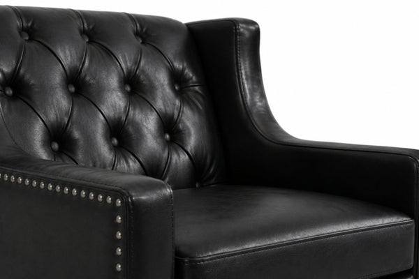 English Elm Dark Faux Leather Wingback Accent Chair Tufted Nailhead Trim Mid-Century Wood Legs Black W680P526341