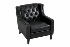 English Elm Dark Faux Leather Wingback Accent Chair Tufted Nailhead Trim Mid-Century Wood Legs Black W680P526341