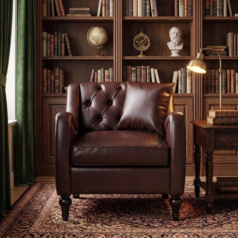 English Elm Pu Leather Tufted Accent Chair with Birch Legs Nailhead Trim Mid-Century Style Dark Brown 30.3 L x 32.5 W x 31.7 H W680P530979