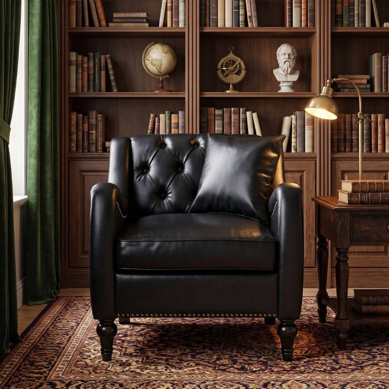 English Elm Pu Leather Tufted Armchair with Birch Legs Nailhead Trim Mid-Century Living Room Black Accent Chair W680P530980