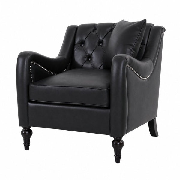 English Elm Pu Leather Tufted Armchair with Birch Legs Nailhead Trim Mid-Century Living Room Black Accent Chair W680P530980