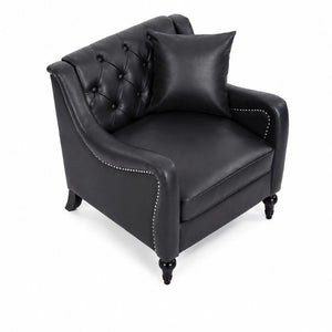 English Elm Pu Leather Tufted Armchair with Birch Legs Nailhead Trim Mid-Century Living Room Black Accent Chair W680P530980