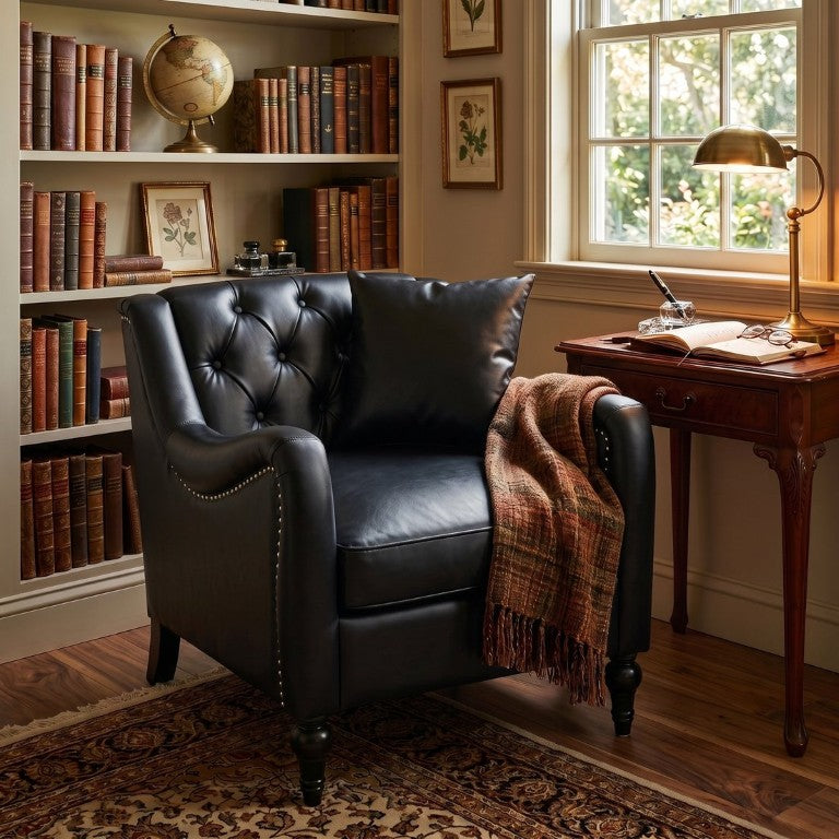 English Elm Pu Leather Tufted Armchair with Birch Legs Nailhead Trim Mid-Century Living Room Black Accent Chair W680P530980