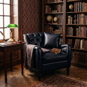 English Elm Pu Leather Tufted Armchair with Birch Legs Nailhead Trim Mid-Century Living Room Black Accent Chair W680P530980