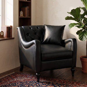 English Elm Pu Leather Tufted Armchair with Birch Legs Nailhead Trim Mid-Century Living Room Black Accent Chair W680P530980