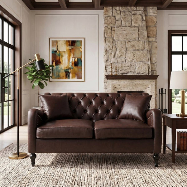 English Elm Pu Leather Tufted Armchair with Birch Legs Nailhead Trim Mid-Century Living Room Dark Brown Loveseat W680P530981