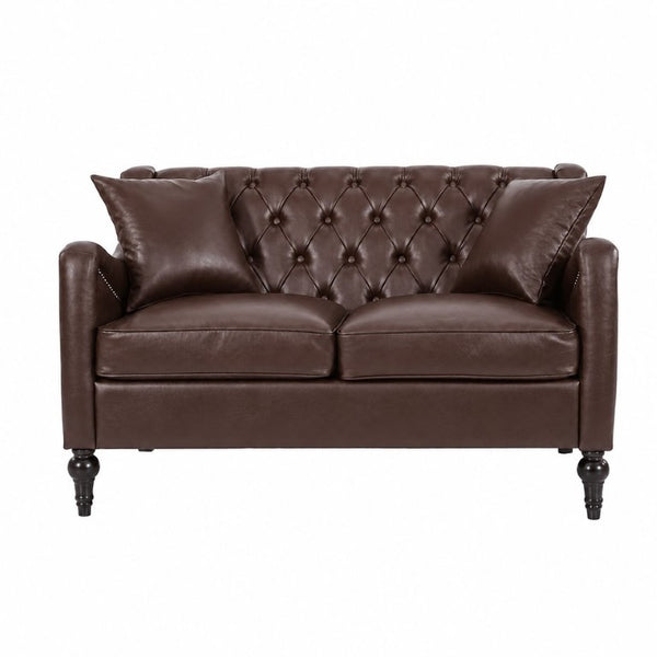 English Elm Pu Leather Tufted Armchair with Birch Legs Nailhead Trim Mid-Century Living Room Dark Brown Loveseat W680P530981