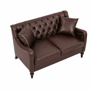 English Elm Pu Leather Tufted Armchair with Birch Legs Nailhead Trim Mid-Century Living Room Dark Brown Loveseat W680P530981