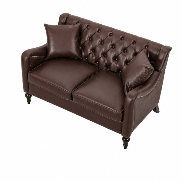 English Elm Pu Leather Tufted Armchair with Birch Legs Nailhead Trim Mid-Century Living Room Dark Brown Loveseat W680P530981