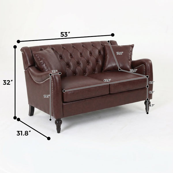 English Elm Pu Leather Tufted Armchair with Birch Legs Nailhead Trim Mid-Century Living Room Dark Brown Loveseat W680P530981