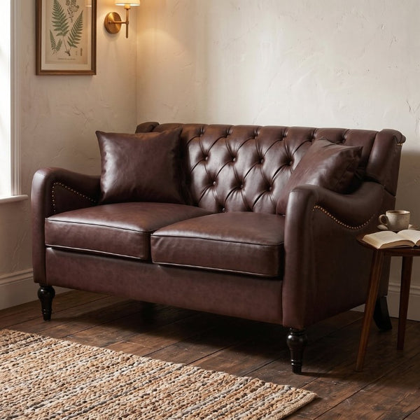 English Elm Pu Leather Tufted Armchair with Birch Legs Nailhead Trim Mid-Century Living Room Dark Brown Loveseat W680P530981