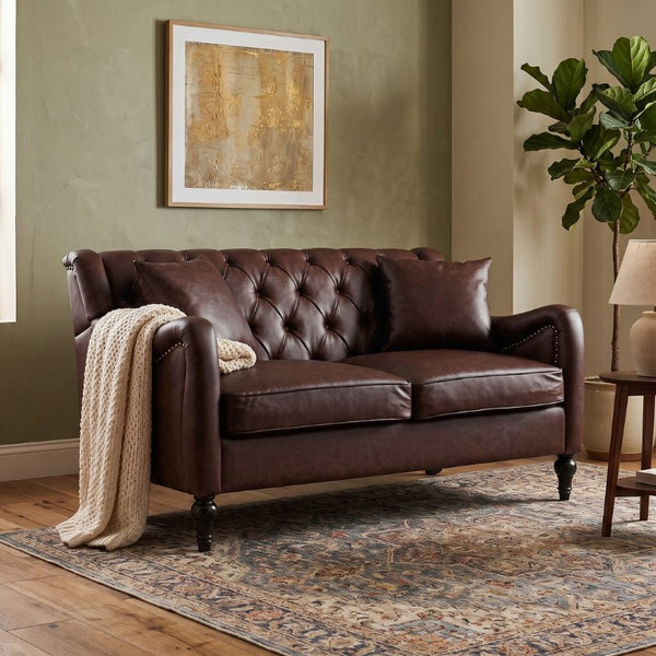 English Elm Pu Leather Tufted Armchair with Birch Legs Nailhead Trim Mid-Century Living Room Dark Brown Loveseat W680P530981