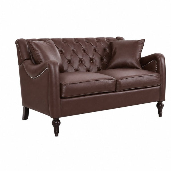 English Elm Pu Leather Tufted Armchair with Birch Legs Nailhead Trim Mid-Century Living Room Dark Brown Loveseat W680P530981
