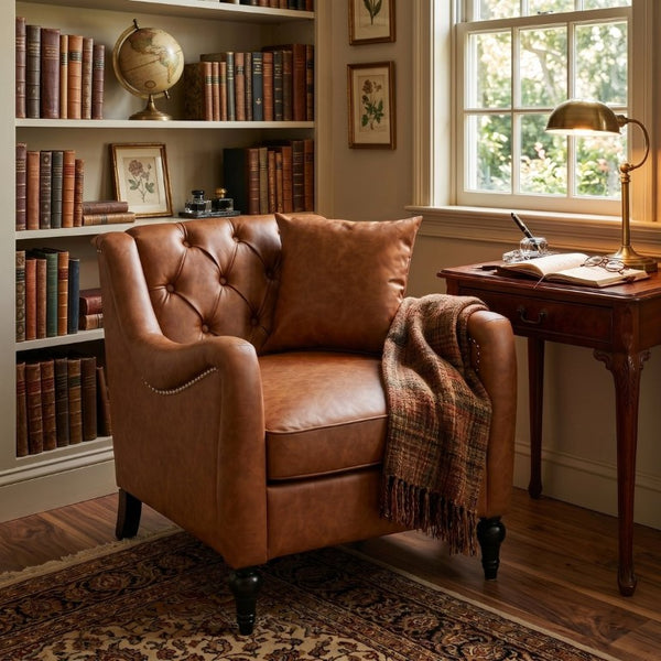 English Elm Pu Leather Tufted Armchair with Birch Legs Nailhead Trim Mid-Century Living Room Brown Accent Chair W680P533841