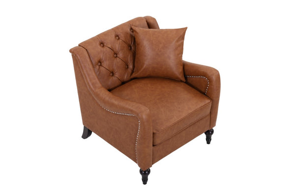 English Elm Pu Leather Tufted Armchair with Birch Legs Nailhead Trim Mid-Century Living Room Brown Accent Chair W680P533841