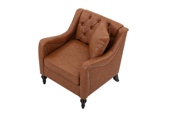 English Elm Pu Leather Tufted Armchair with Birch Legs Nailhead Trim Mid-Century Living Room Brown Accent Chair W680P533841