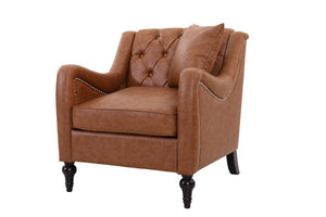 English Elm Pu Leather Tufted Armchair with Birch Legs Nailhead Trim Mid-Century Living Room Brown Accent Chair W680P533841