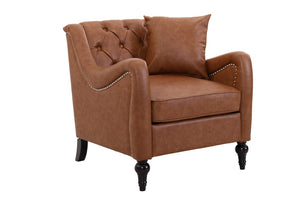 English Elm Pu Leather Tufted Armchair with Birch Legs Nailhead Trim Mid-Century Living Room Brown Accent Chair W680P533841