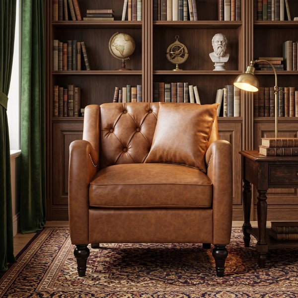 English Elm Pu Leather Tufted Armchair with Birch Legs Nailhead Trim Mid-Century Living Room Brown Accent Chair W680P533841