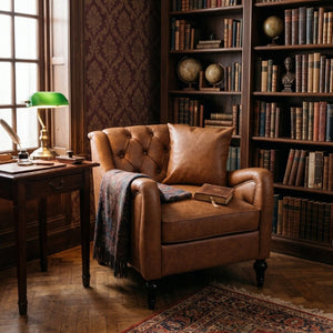 English Elm Pu Leather Tufted Armchair with Birch Legs Nailhead Trim Mid-Century Living Room Brown Accent Chair W680P533841