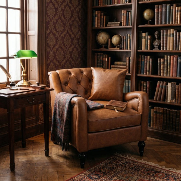 English Elm Pu Leather Tufted Armchair with Birch Legs Nailhead Trim Mid-Century Living Room Brown Accent Chair W680P533841