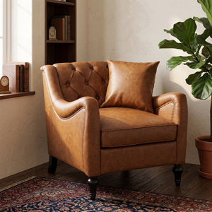 English Elm Pu Leather Tufted Armchair with Birch Legs Nailhead Trim Mid-Century Living Room Brown Accent Chair W680P533841