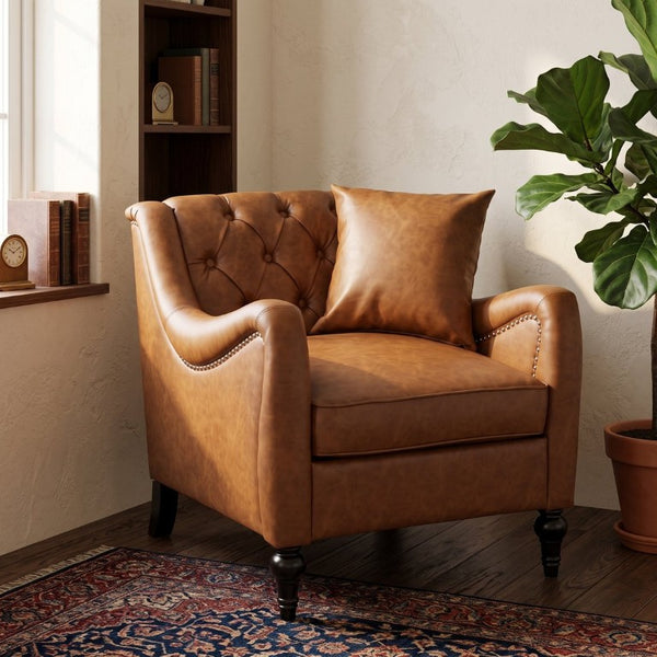English Elm Pu Leather Tufted Armchair with Birch Legs Nailhead Trim Mid-Century Living Room Brown Accent Chair W680P533841