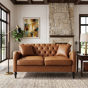 English Elm Pu Leather Tufted Loveseat with Nailhead Trim Birch Legs for Apartment Living 53 inches Brown W680P533846