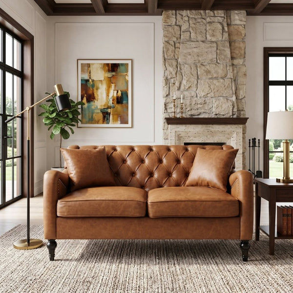 English Elm Pu Leather Tufted Loveseat with Nailhead Trim Birch Legs for Apartment Living 53 inches Brown W680P533846