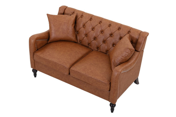 English Elm Pu Leather Tufted Loveseat with Nailhead Trim Birch Legs for Apartment Living 53 inches Brown W680P533846
