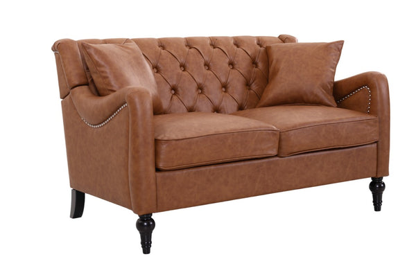 English Elm Pu Leather Tufted Loveseat with Nailhead Trim Birch Legs for Apartment Living 53 inches Brown W680P533846