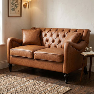English Elm Pu Leather Tufted Loveseat with Nailhead Trim Birch Legs for Apartment Living 53 inches Brown W680P533846