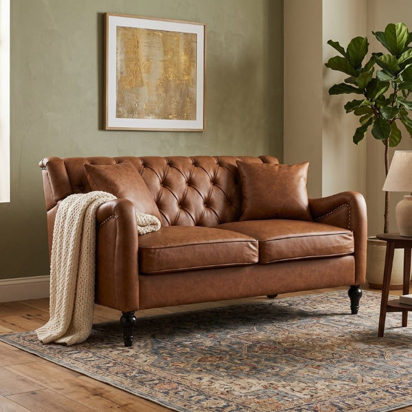 English Elm Pu Leather Tufted Loveseat with Nailhead Trim Birch Legs for Apartment Living 53 inches Brown W680P533846