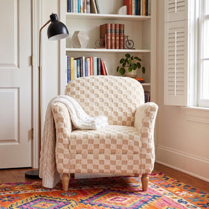 English Elm Checkered Corduroy Armchair with Tapered Wood Legs Mid-Century Reading Nook Seating Sand W680P534783