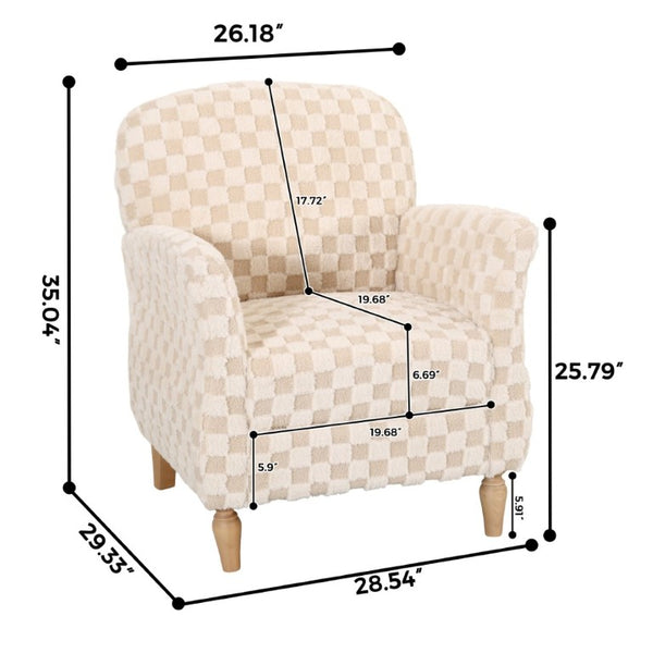 English Elm Checkered Corduroy Armchair with Tapered Wood Legs Mid-Century Reading Nook Seating Sand W680P534783