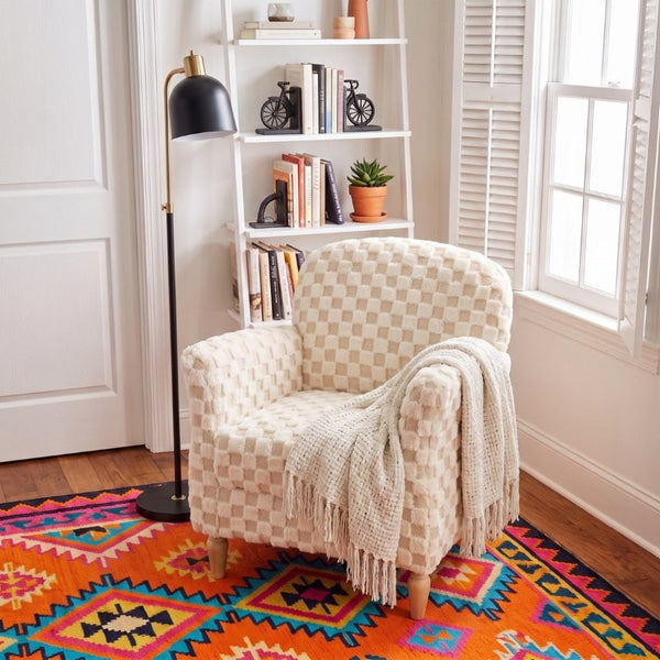 English Elm Checkered Corduroy Armchair with Tapered Wood Legs Mid-Century Reading Nook Seating Sand W680P534783