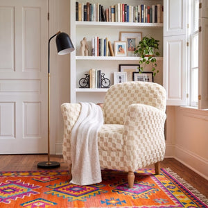 English Elm Checkered Corduroy Armchair with Tapered Wood Legs Mid-Century Reading Nook Seating Sand W680P534783