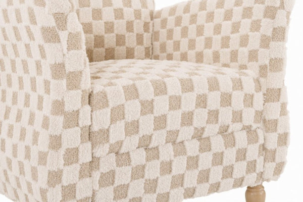 English Elm Checkered Corduroy Armchair with Tapered Wood Legs Mid-Century Reading Nook Seating Sand W680P534783