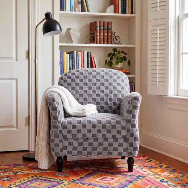 English Elm Checkered Corduroy Armchair with Tapered Wood Legs Mid-Century Reading Nook Seating Smoke Grey W680P534784