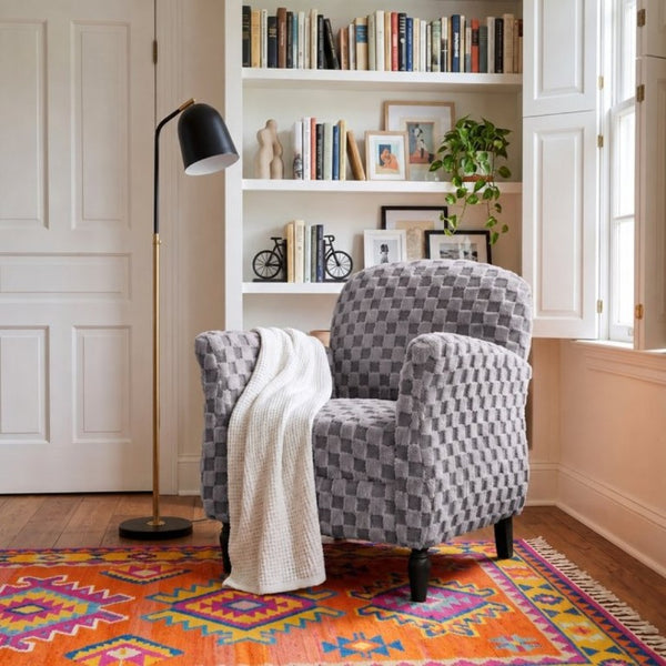 English Elm Checkered Corduroy Armchair with Tapered Wood Legs Mid-Century Reading Nook Seating Smoke Grey W680P534784