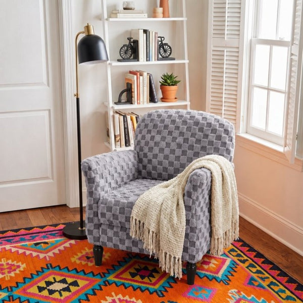 English Elm Checkered Corduroy Armchair with Tapered Wood Legs Mid-Century Reading Nook Seating Smoke Grey W680P534784