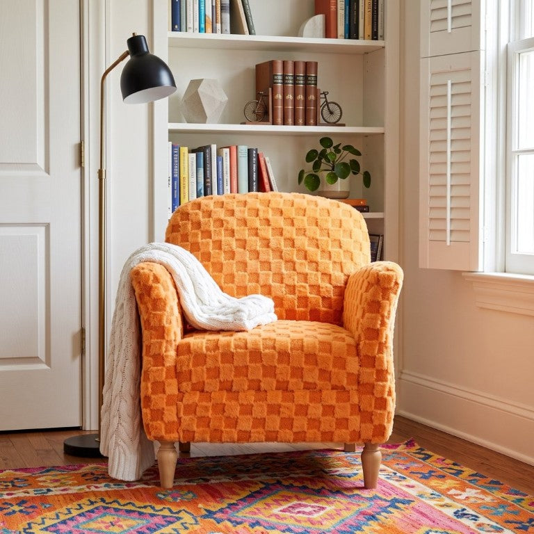 English Elm Checkered Corduroy Armchair with Tapered Wood Legs Mid-Century Reading Nook Seating Orange W680P534785